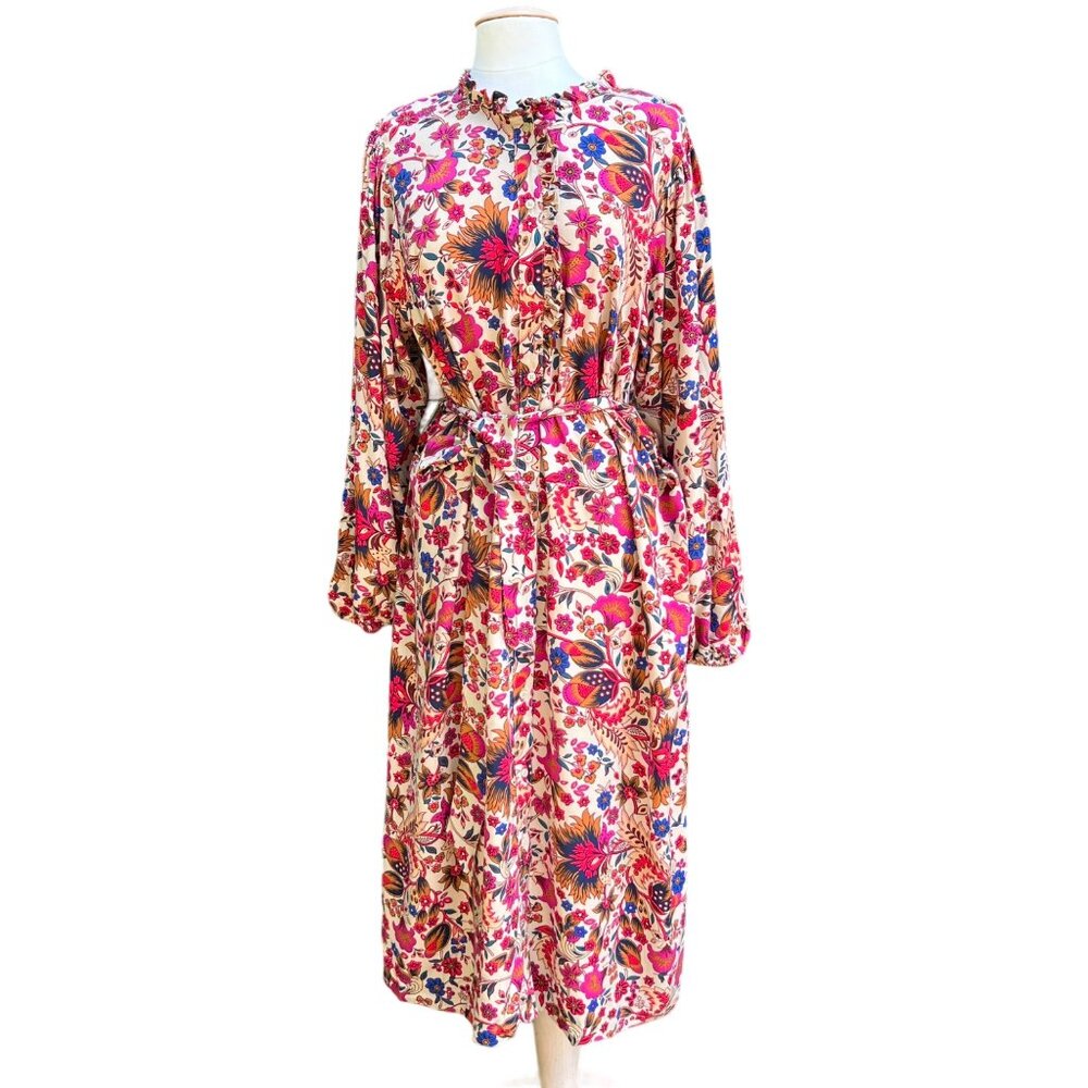 Vintage St Johns Bay OX Pink Floral Maci Dress Belted Waist Ruffled Collar New
